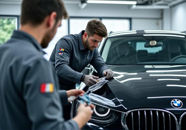 Professional auto detailing team working on luxury vehicles